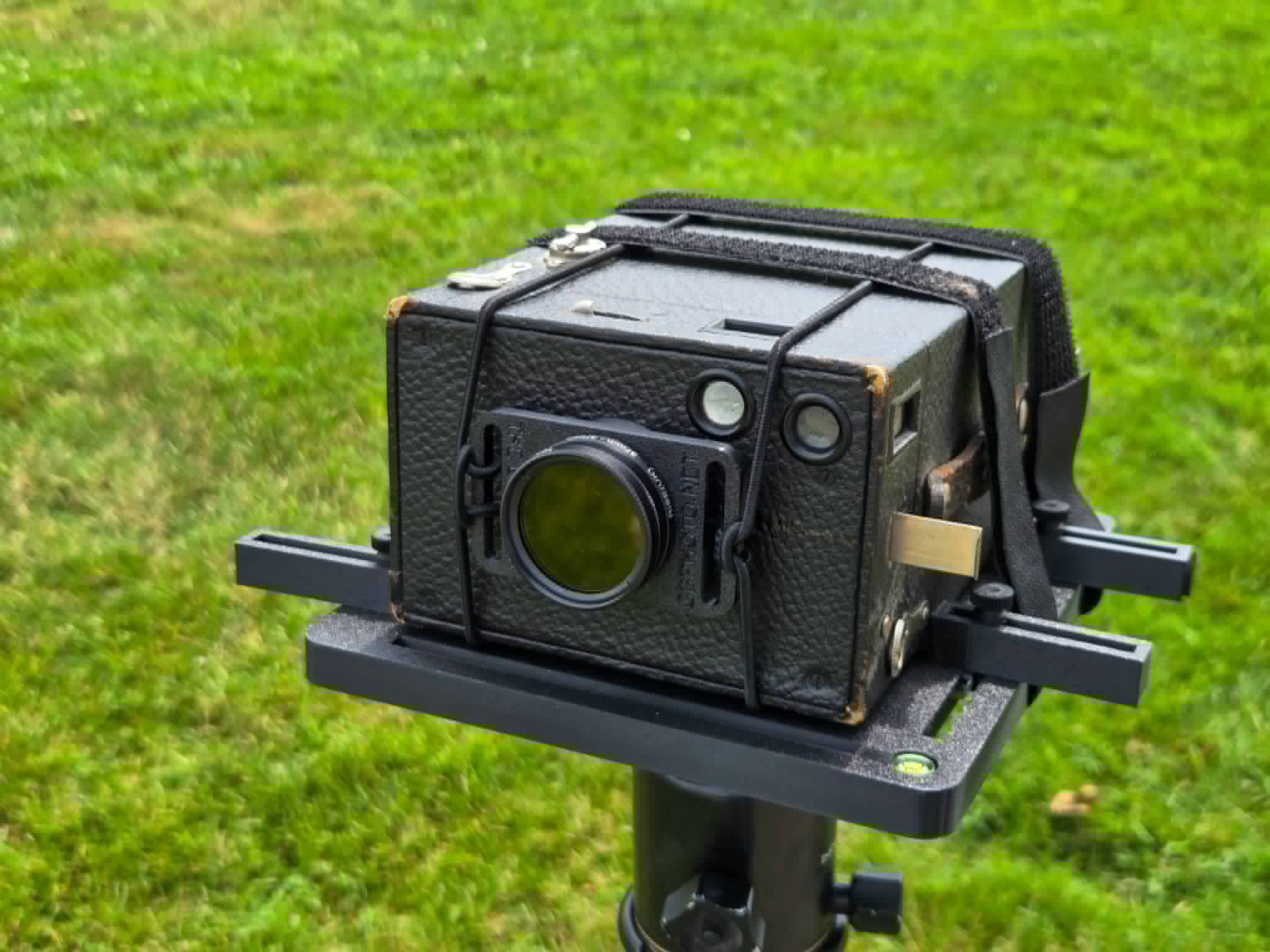 Rear view of the Kodak No. 2A Brownie Camera Model B set up for shooting.
